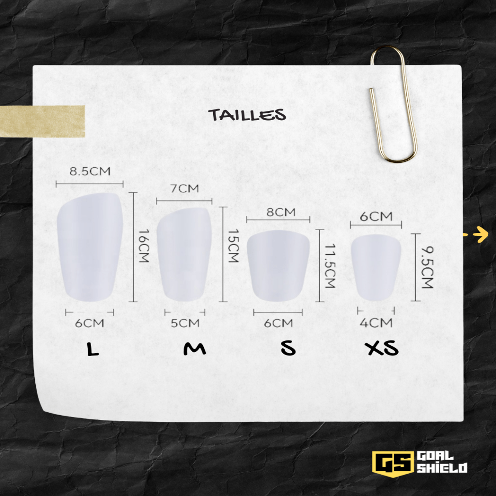 Guide des tailles protège-tibias football Goal Shield en centimètres XS S M L